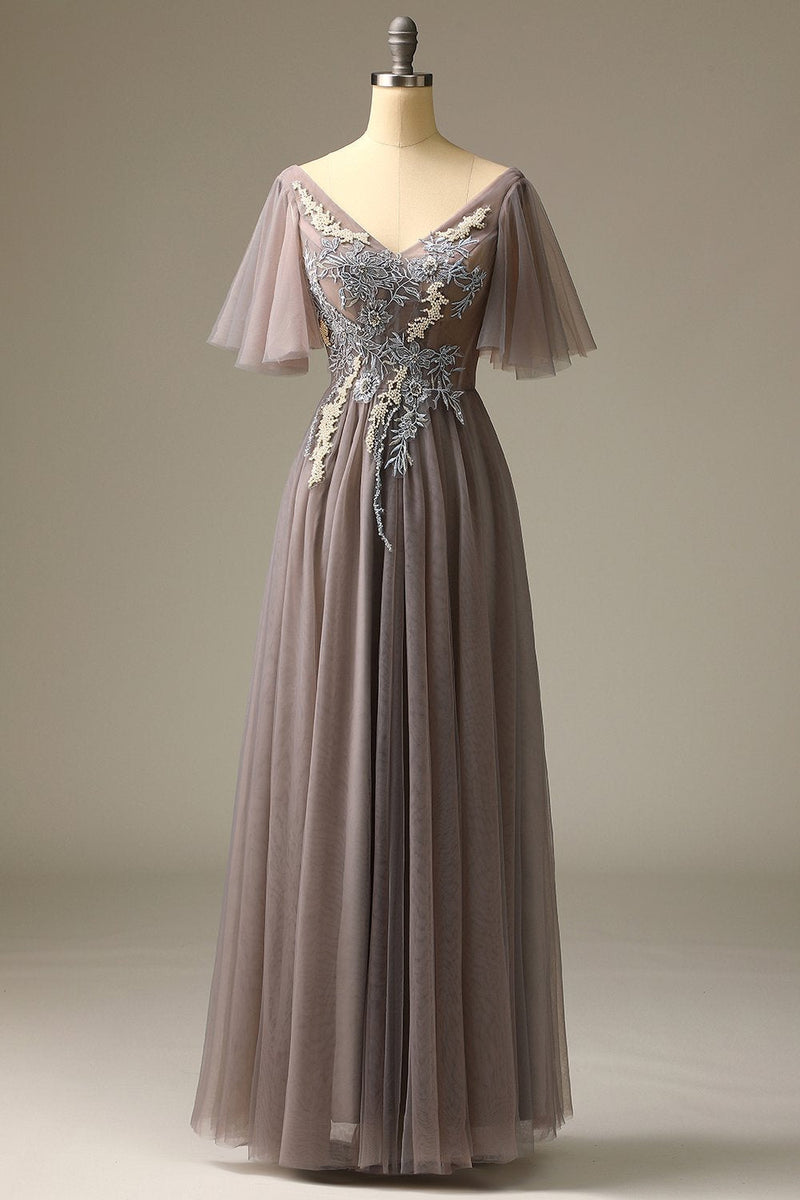 Load image into Gallery viewer, Grey V-Neck Beaded Long Formal Dress with Appliques
