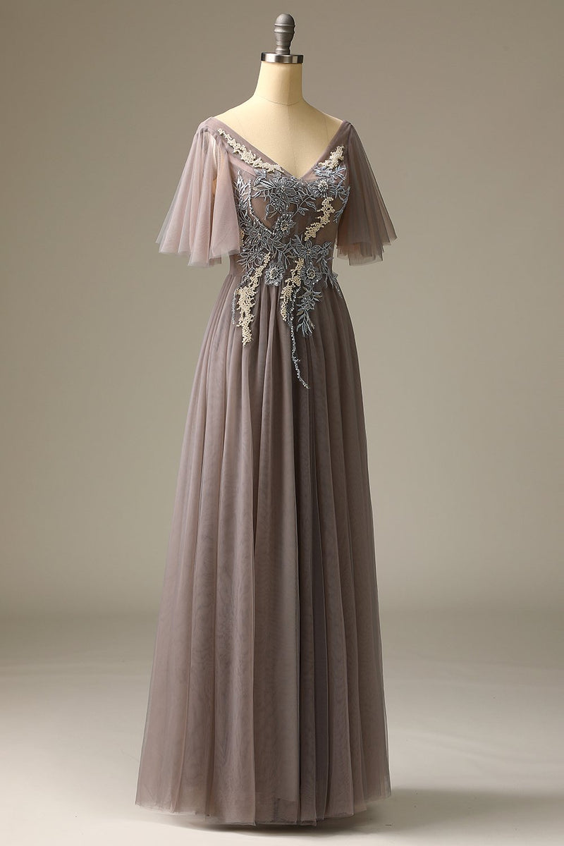 Load image into Gallery viewer, Grey V-Neck Beaded Long Formal Dress with Appliques