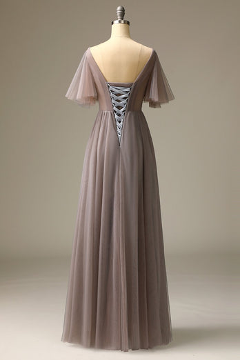 Grey V-Neck Beaded Long Formal Dress with Appliques