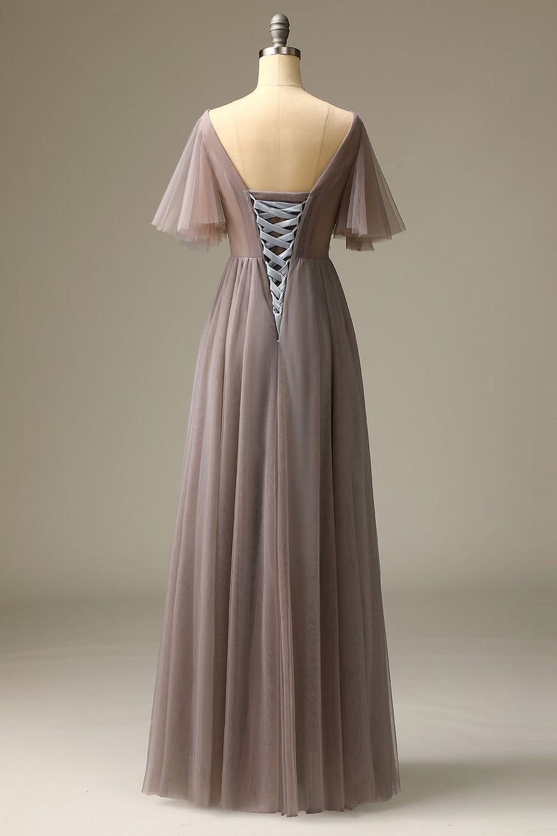 Load image into Gallery viewer, Grey V-Neck Beaded Long Formal Dress with Appliques
