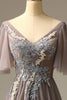 Load image into Gallery viewer, Grey V-Neck Beaded Long Formal Dress with Appliques