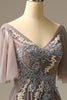 Load image into Gallery viewer, Grey V-Neck Beaded Long Formal Dress with Appliques
