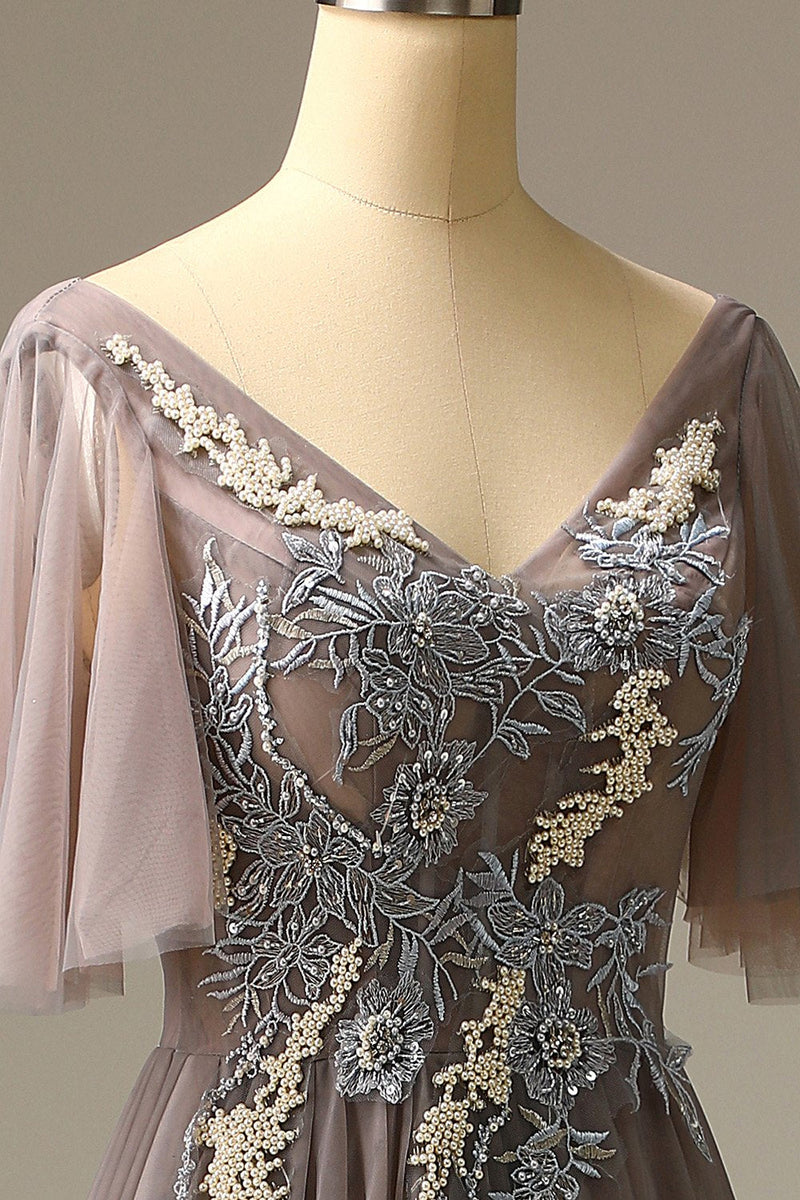 Load image into Gallery viewer, Grey V-Neck Beaded Long Formal Dress with Appliques