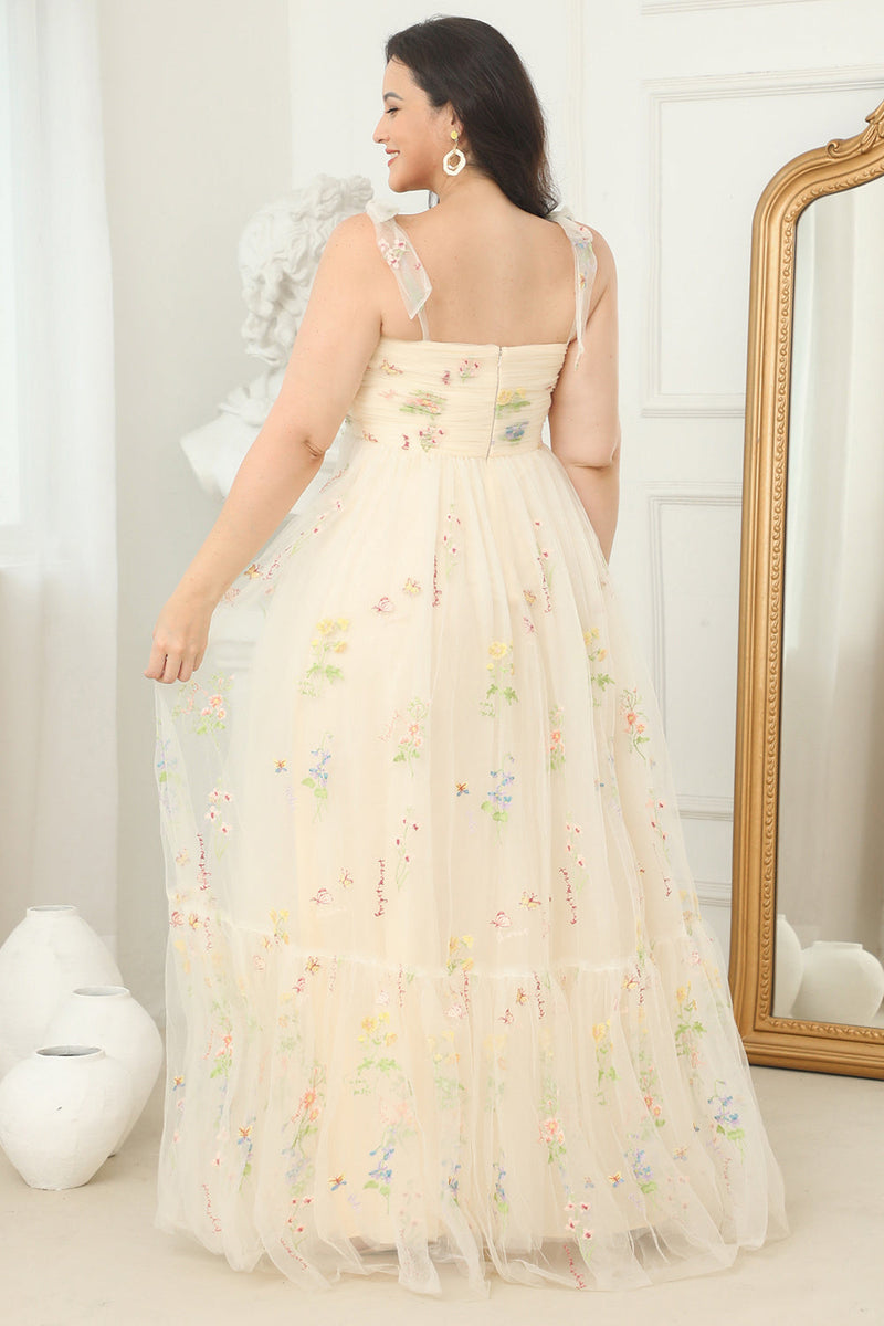 Load image into Gallery viewer, Plus Size Champagne Embroidery Long Prom Dress