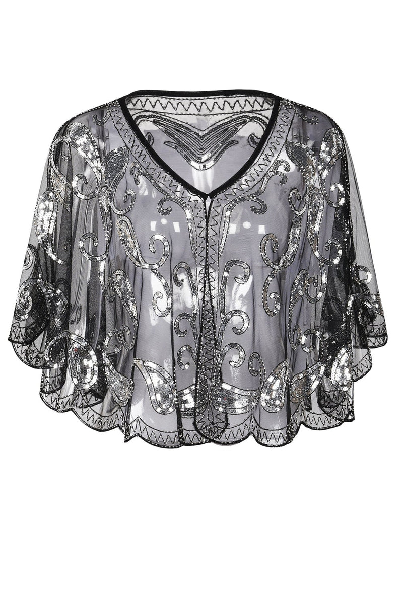 Load image into Gallery viewer, Black Sequin 1920s Batwing Shawl