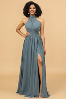 Load image into Gallery viewer, Grey Halter Ruched Long Chiffon Bridesmaid Dress with Slit
