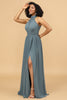 Load image into Gallery viewer, Grey Halter Ruched Long Chiffon Bridesmaid Dress with Slit