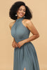 Load image into Gallery viewer, Grey Halter Ruched Long Chiffon Bridesmaid Dress with Slit