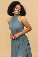 Load image into Gallery viewer, Grey Halter Ruched Long Chiffon Bridesmaid Dress with Slit