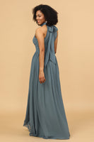Load image into Gallery viewer, Grey Halter Ruched Long Chiffon Bridesmaid Dress with Slit