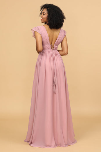 Blush A Line V-Neck Long Chiffon Bridesmaid Dress with Slit