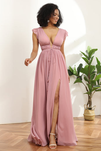 Blush A Line V-Neck Long Chiffon Bridesmaid Dress with Slit