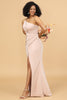 Load image into Gallery viewer, Blush Satin Mermaid One Shoulder Long Bridesmaid Dress with Slit