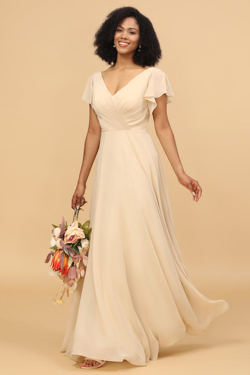Load image into Gallery viewer, Champagne Cap Sleeves Long Chiffon Bridesmaid Dress