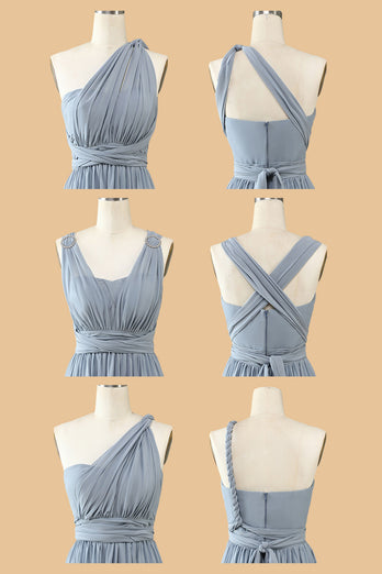 A Line One Shoulder V Neck Halter Neck Floor Length Grey Blue Bridesmaid Dress