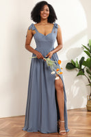 Load image into Gallery viewer, Grey Blue Spaghetti Straps Long Chiffon Bridesmaid Dress with Slit