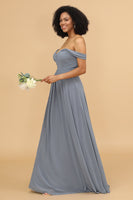 Load image into Gallery viewer, Grey Blue A Line Off the Shoulder Long Chiffon Bridesmaid Dress