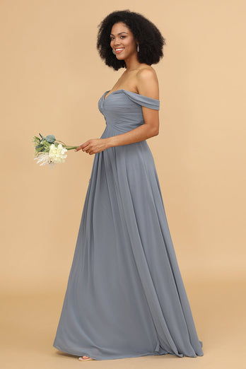 Grey Blue A Line Off the Shoulder Long Chiffon Bridesmaid Dress