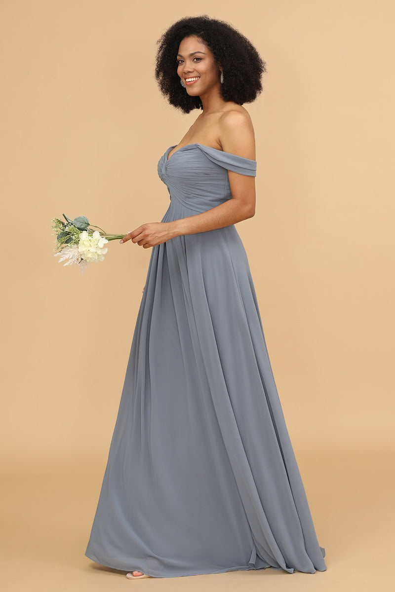 Load image into Gallery viewer, Grey Blue A Line Off the Shoulder Long Chiffon Bridesmaid Dress