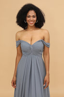 Load image into Gallery viewer, Grey Blue A Line Off the Shoulder Long Chiffon Bridesmaid Dress