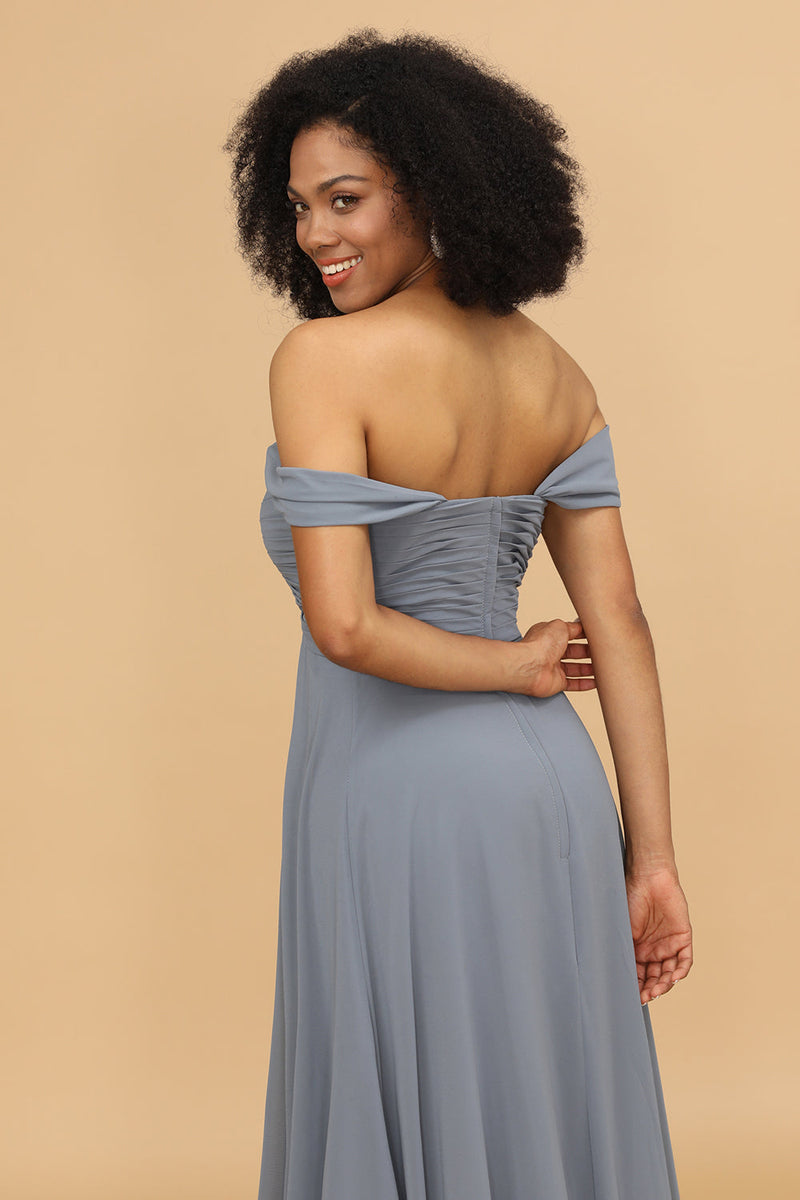 Load image into Gallery viewer, Grey Blue A Line Off the Shoulder Long Chiffon Bridesmaid Dress