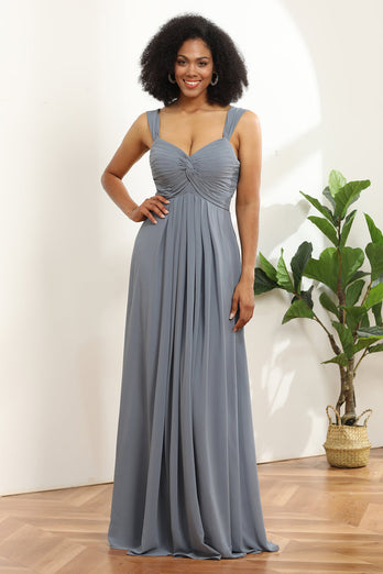 Grey Blue A Line Off the Shoulder Long Chiffon Bridesmaid Dress