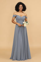 Load image into Gallery viewer, Grey Blue A Line Off the Shoulder Long Chiffon Bridesmaid Dress