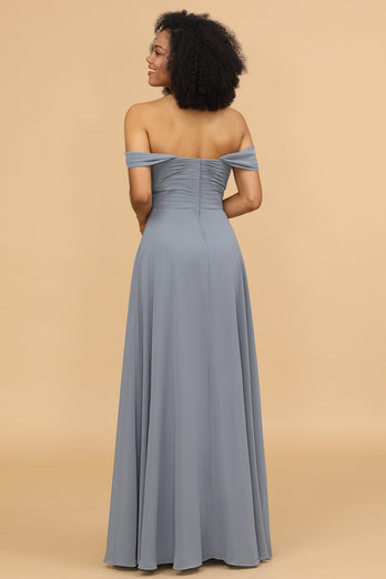 Grey Blue A Line Off the Shoulder Long Chiffon Bridesmaid Dress
