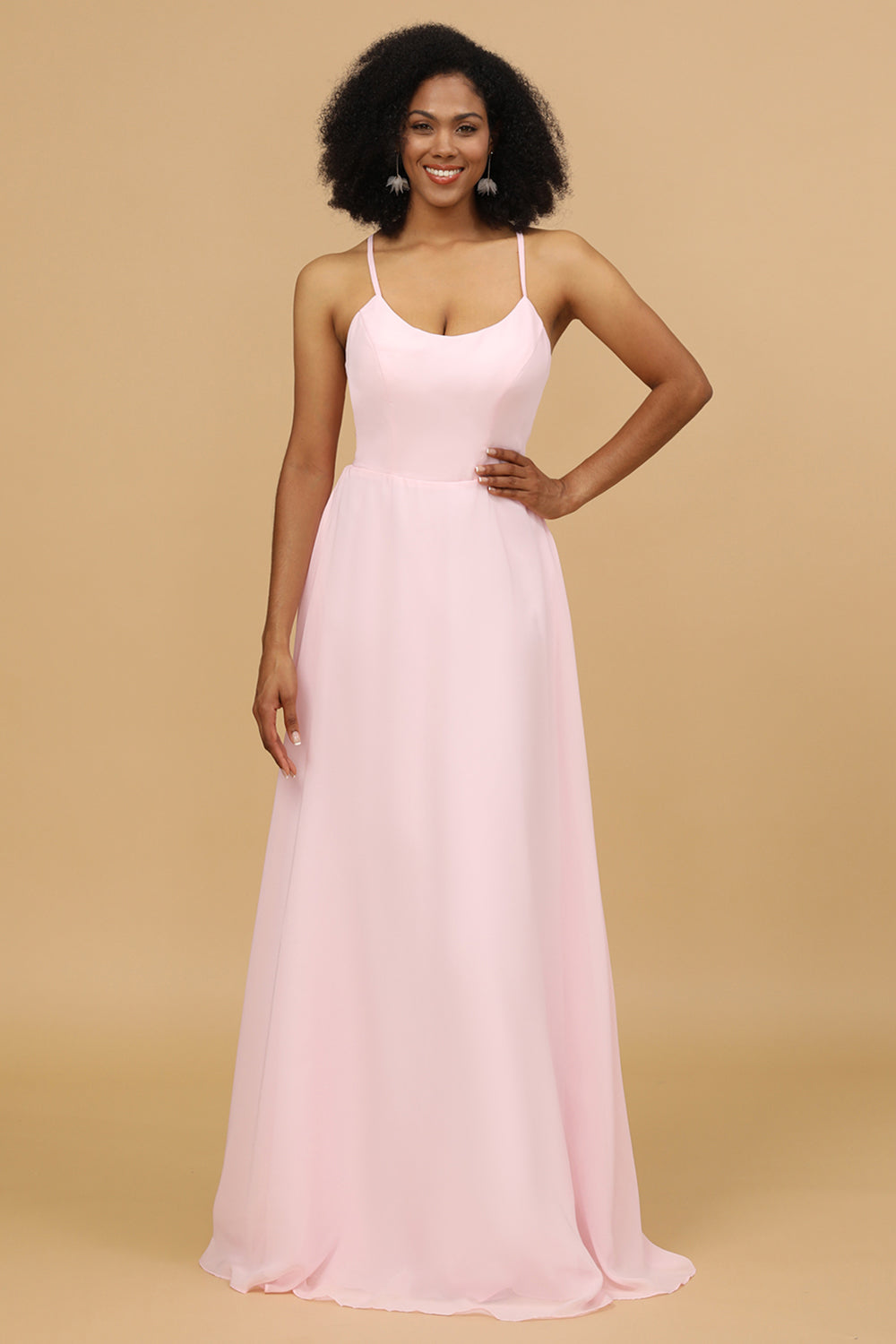 Pink Sheath/Column Spaghetti Straps Long Chiffon Bridesmaid Dress