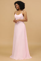 Load image into Gallery viewer, Pink Sheath/Column Spaghetti Straps Long Chiffon Bridesmaid Dress