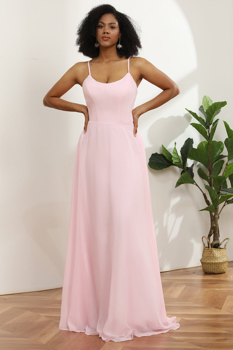 Load image into Gallery viewer, Pink Sheath/Column Spaghetti Straps Long Chiffon Bridesmaid Dress