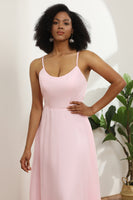 Load image into Gallery viewer, Pink Sheath/Column Spaghetti Straps Long Chiffon Bridesmaid Dress