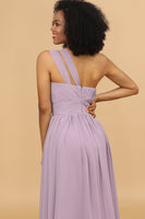 Load image into Gallery viewer, Lilac A Line One Shoulder Long Chiffon Bridesmaids Dress with Ruffles