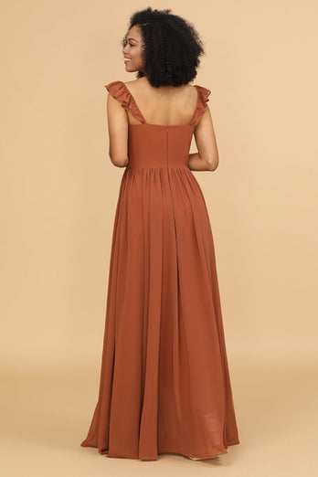 Terracotta A-Line Floor Length Chiffon Bridesmaid Dress With Ruffles