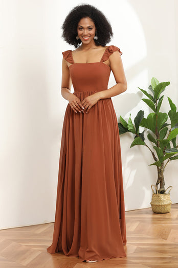 Terracotta A-Line Floor Length Chiffon Bridesmaid Dress With Ruffles