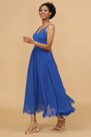 Load image into Gallery viewer, Royal Blue A Line Spaghetti Straps Long Chiffon Bridesmaid Dress with Ruffles
