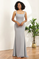 Load image into Gallery viewer, Grey Square Neck Mermaid Bridesmaid Dress with Wrap