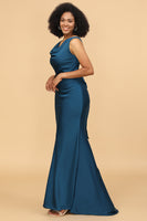Load image into Gallery viewer, Ink Blue Satin Mermaid Bridesmaid Dress