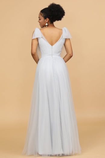 Grey Tulle V-Neck A-Line Bridesmaid Dress