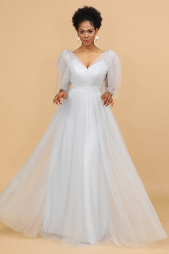 Grey Tulle V-Neck A-Line Bridesmaid Dress