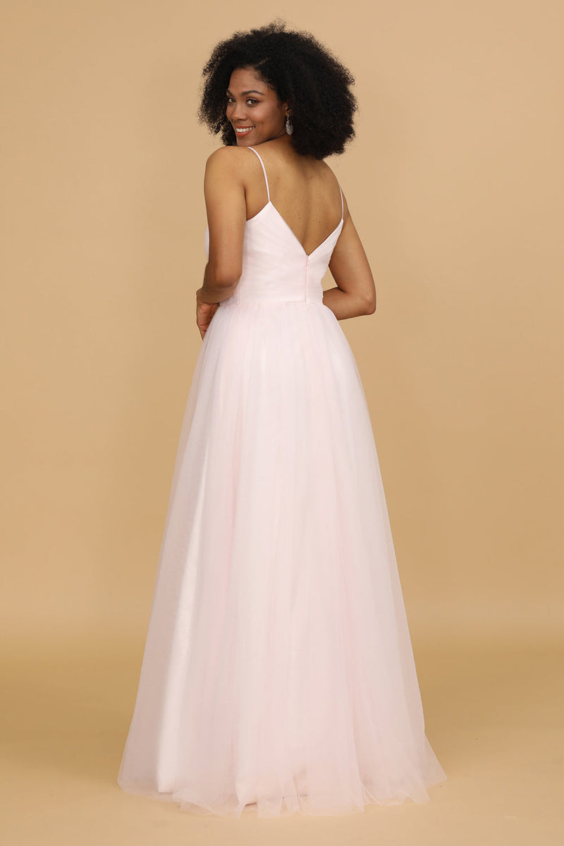 Load image into Gallery viewer, Pink A Line Spaghetti Straps Floor Length Tulle Bridesmaid Dress