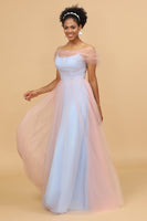 Load image into Gallery viewer, Pink&amp;Blue A Line Spaghetti Straps Tulle Long Bridesmaid Dress
