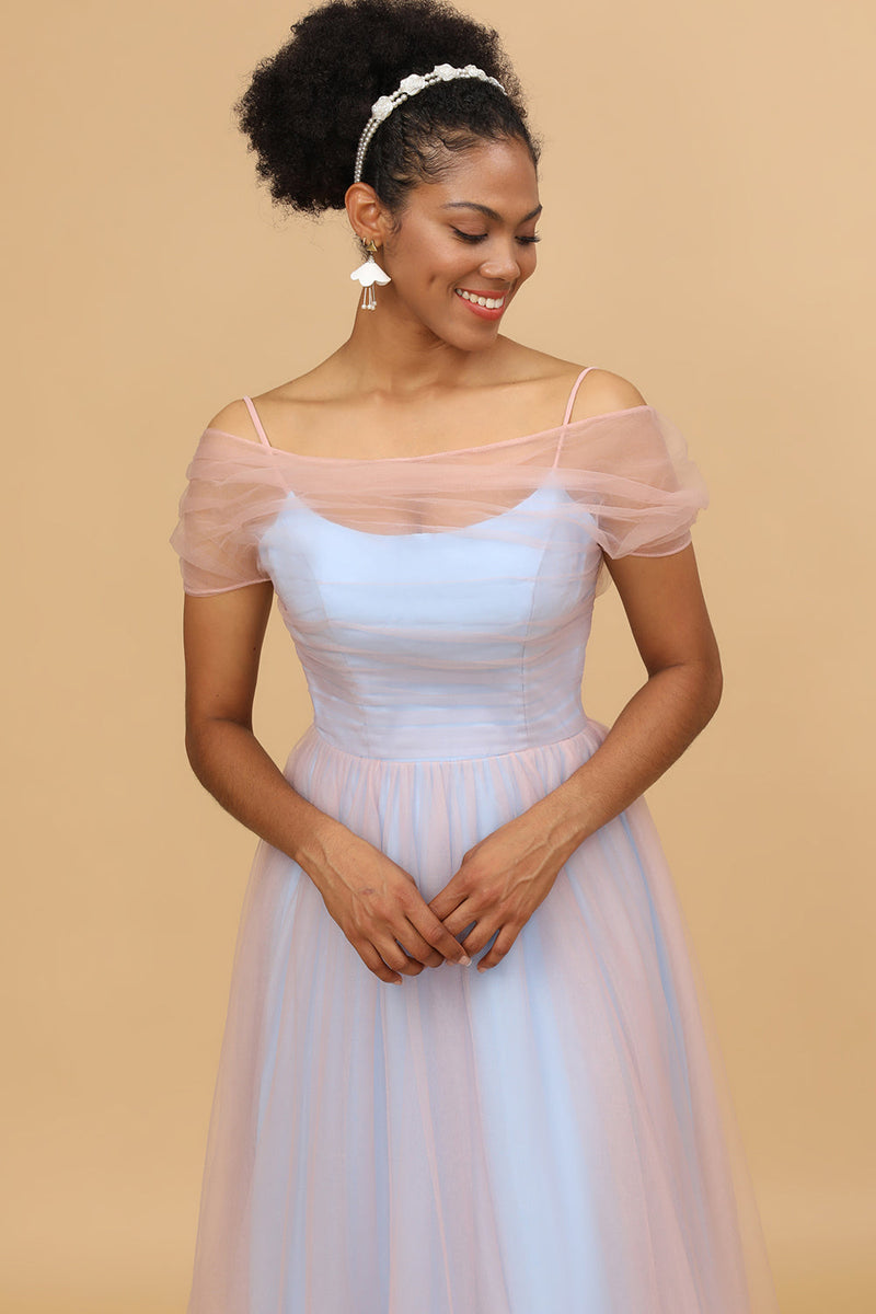 Load image into Gallery viewer, Pink&amp;Blue A Line Spaghetti Straps Tulle Long Bridesmaid Dress