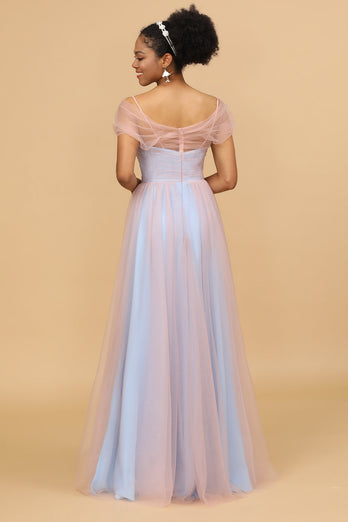 Pink&Blue A Line Spaghetti Straps Tulle Long Bridesmaid Dress
