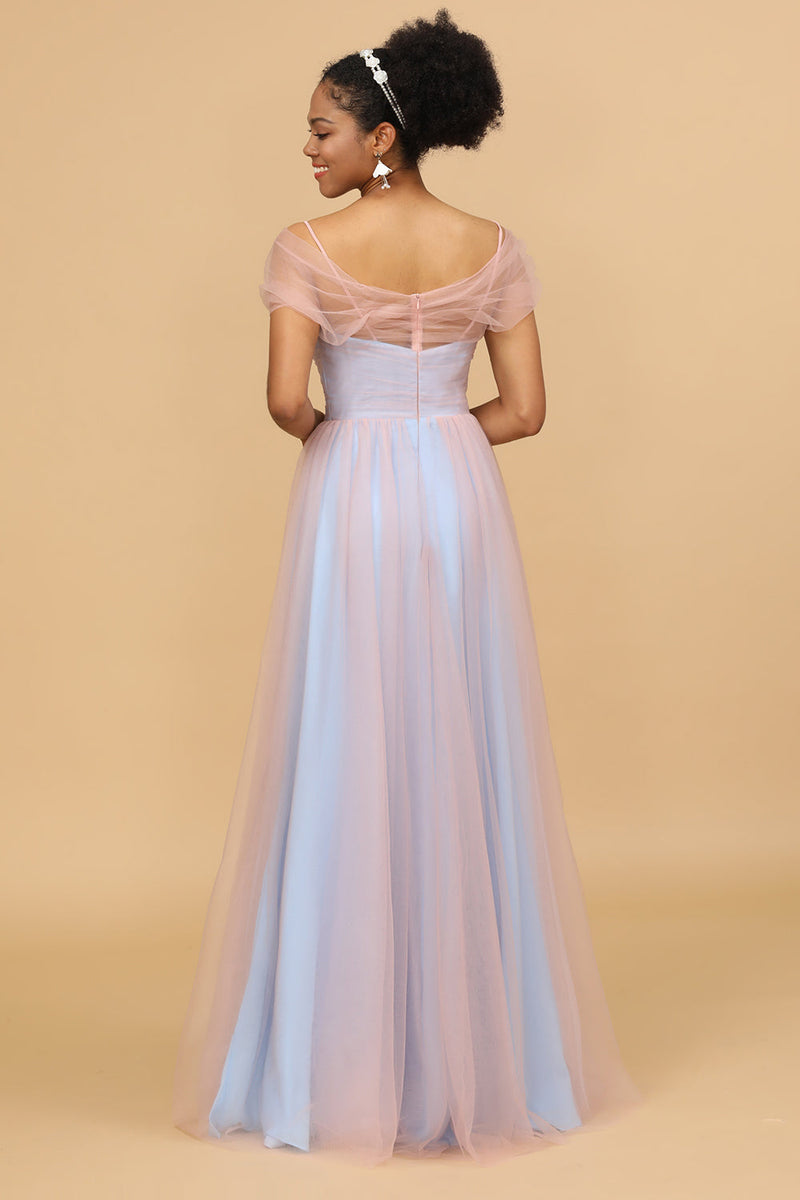 Load image into Gallery viewer, Pink&amp;Blue A Line Spaghetti Straps Tulle Long Bridesmaid Dress