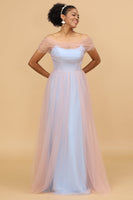 Load image into Gallery viewer, Pink&amp;Blue A Line Spaghetti Straps Tulle Long Bridesmaid Dress