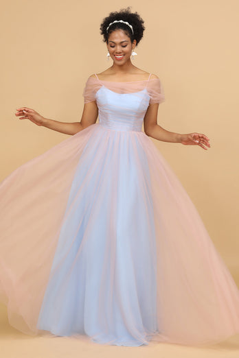 Pink&Blue A Line Spaghetti Straps Tulle Long Bridesmaid Dress