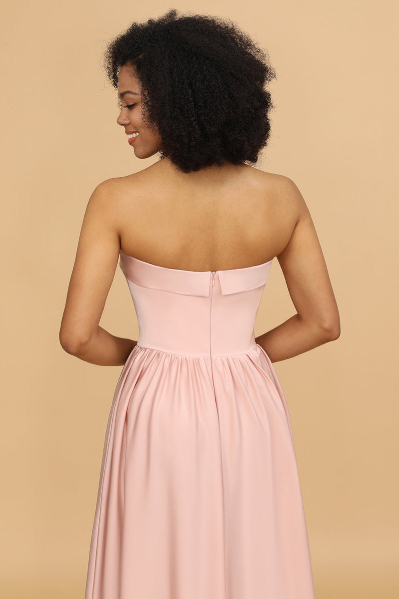 Load image into Gallery viewer, A Line Strapless Blush Satin Long Bridesmaid Dress