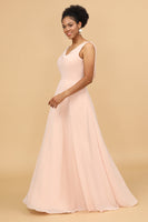 Load image into Gallery viewer, A Line V Neck Blush Chiffon Long Bridesmaid Dress