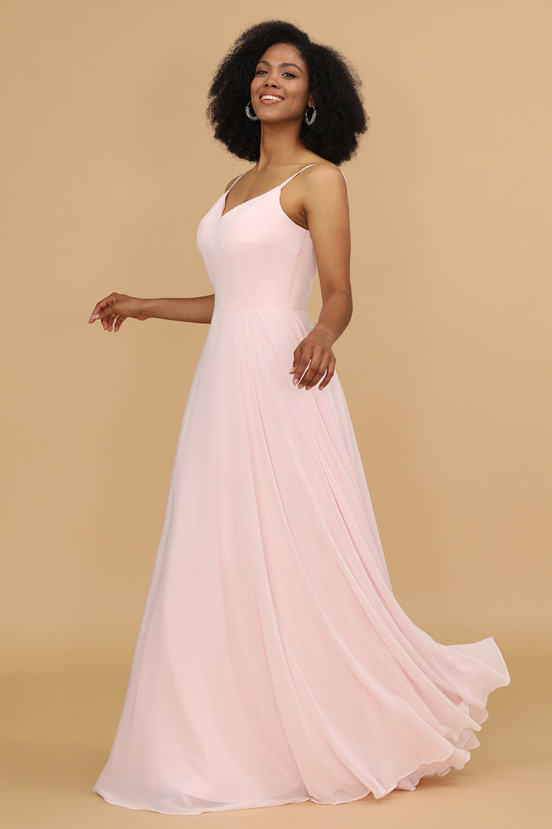 Load image into Gallery viewer, A Line Spaghetti Straps Pink Chiffon Long Bridesmaid Dress